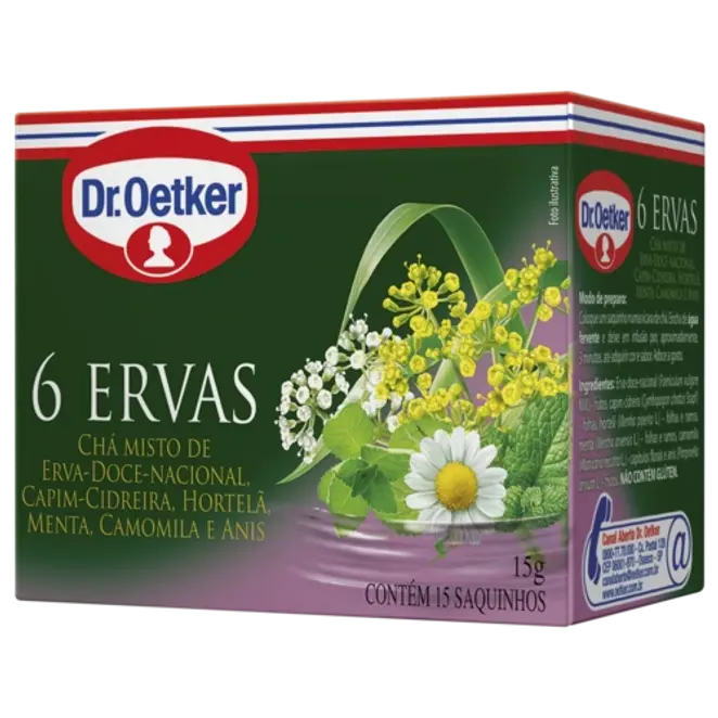 Dr. Oetker Chá 6 Ervas, Erva-Doce-Nacional, Capim-Cidreira, Hortelã, Menta, Camomila, Anis - 15 Sachês