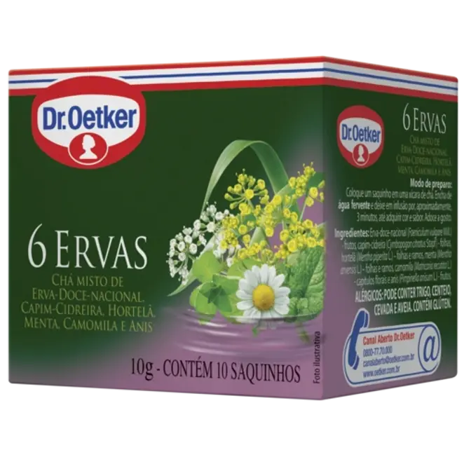 Dr. Oetker Chá 6 Ervas, Erva-Doce-Nacional, Capim-Cidreira, Hortelã, Menta, Camomila, Anis  - 10 Sachês