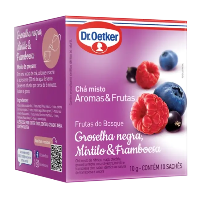 Dr. Oetker Chá Aromas & Frutas, Frutas do Bosque, Sabor Groselha Negra, Mirtilo e Framboesa  - 10 Sachês