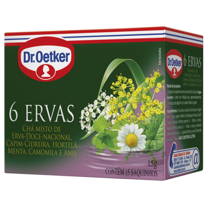Dr. Oetker Chá 6 Ervas, Erva-Doce-Nacional, Capim-Cidreira, Hortelã, Menta, Camomila, Anis - 15 Sachês