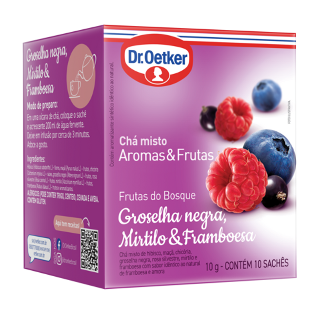 Dr. Oetker Chá Aromas & Frutas, Frutas do Bosque, Sabor Groselha Negra, Mirtilo e Framboesa  - 10 Sachês