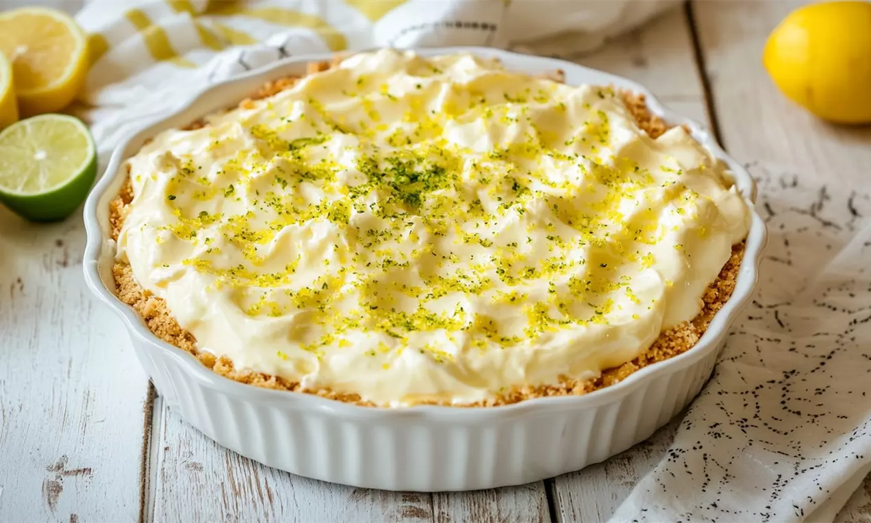 Sobremesa cremosa de limão em tom amarelo claro sobre base dourada de biscoito em travessa branca, decorada com raspas verdes de limão
