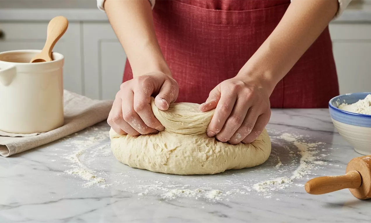 Massa de pão bege e macia sendo modelada com as mãos sobre uma tábua de madeira, ao lado de farinha, pão rústico e utensílios