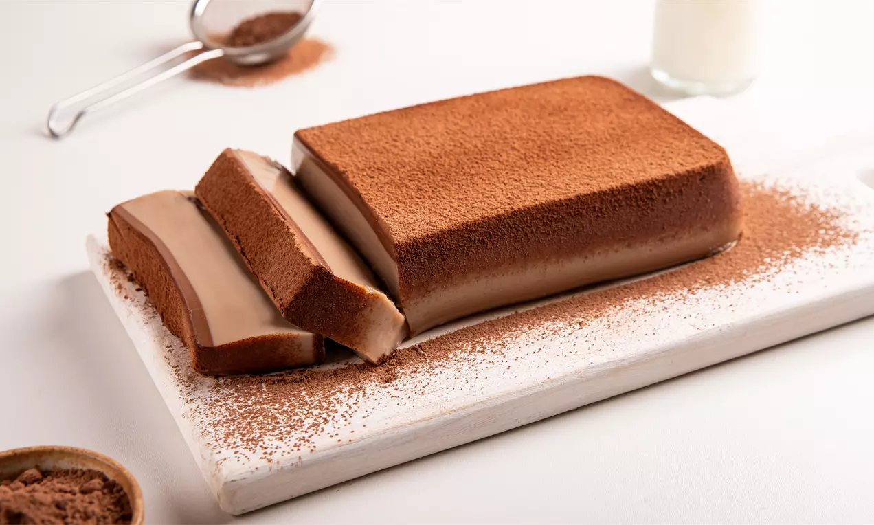 Pudim retangular de chocolate com camadas suaves e cremosas, coberto por fina camada de chocolate em pó sobre tábua branca