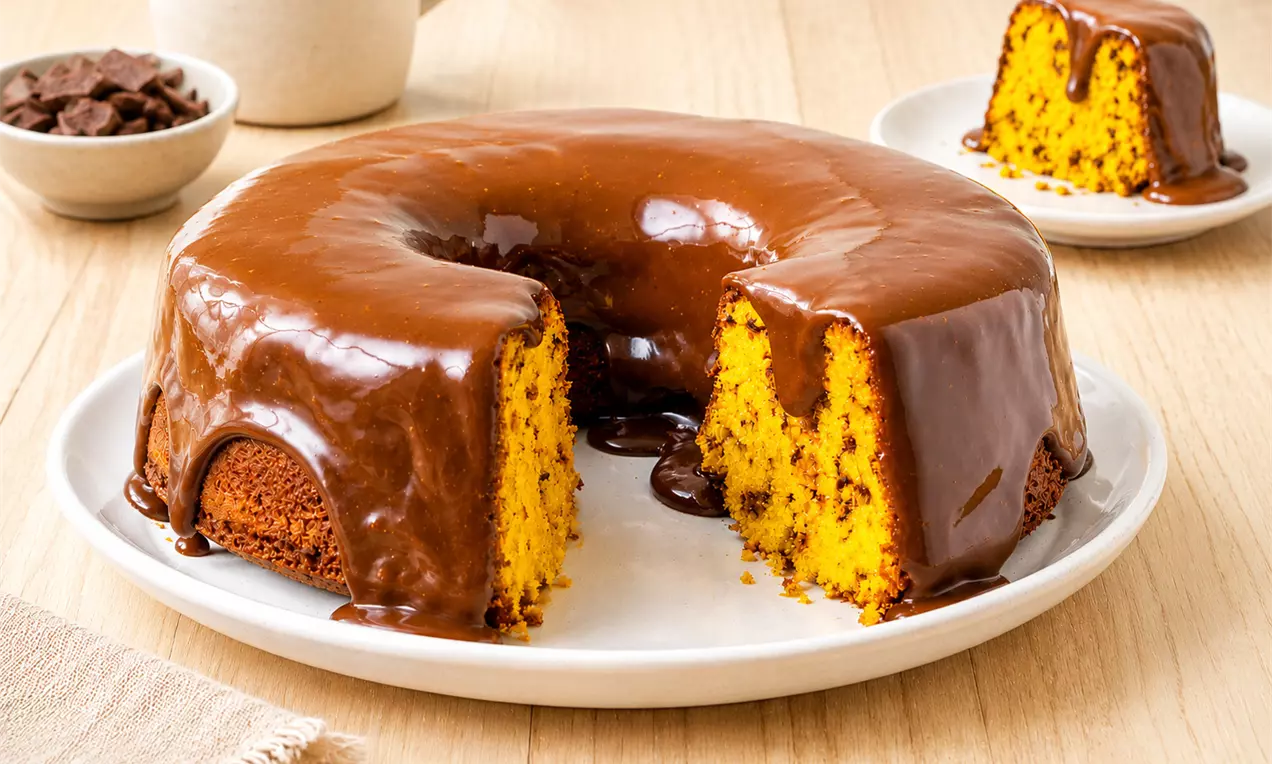 Bolo circular laranja intenso com massa pontilhada de chocolate, cobertura de ganache brilhante marrom, servido em prato branco