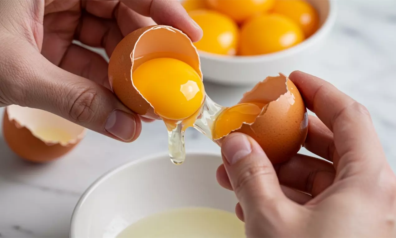 Gemas amarelas vibrantes sendo separadas das claras com cascas marrons abertas, depositadas sobre uma tigela branca no fundo de mármore