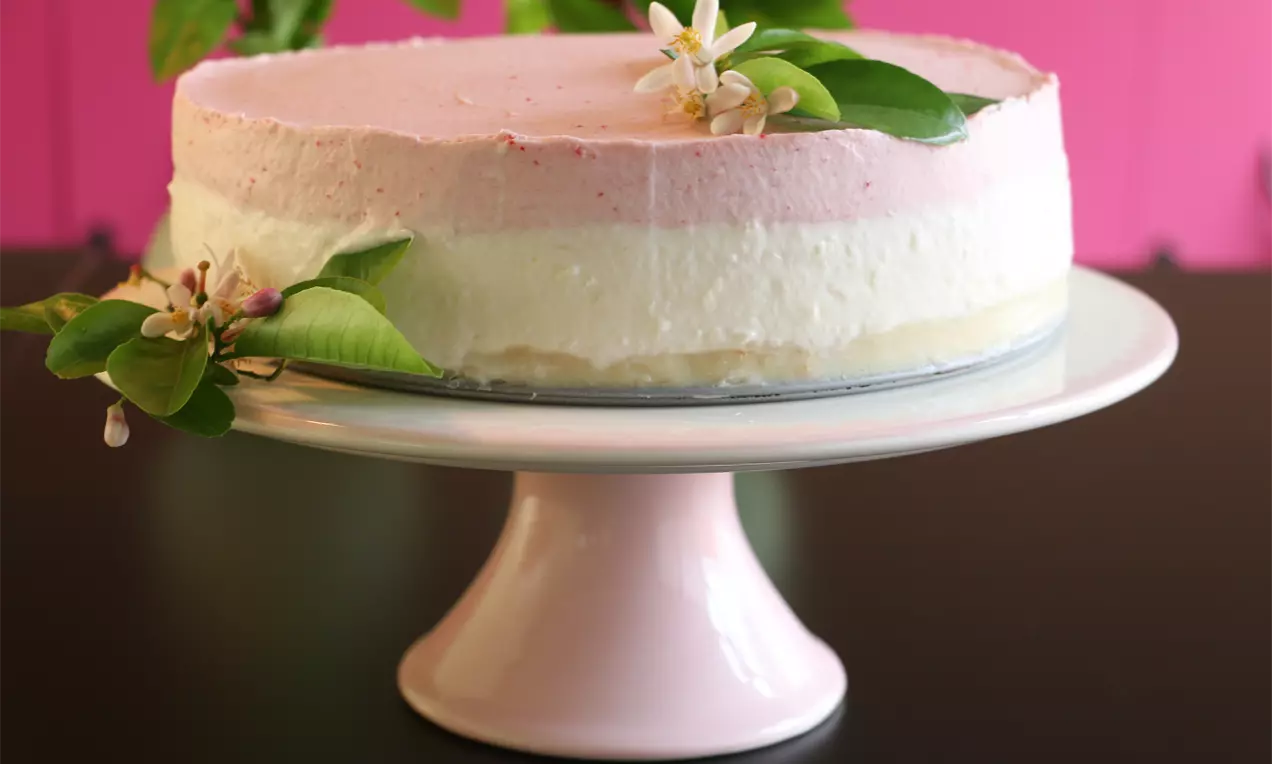 Bolo mousse com camada inferior branca e superior rosa, textura leve e lisa, decorado com folhas verdes e flores em prato rosa