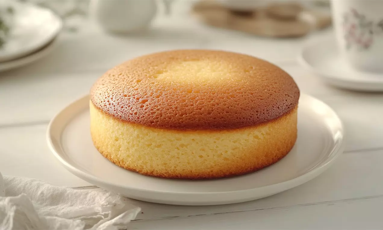 Pão de ló dourado com superfície levemente tostada e textura macia, servido em prato branco sobre mesa decorada com louça floral