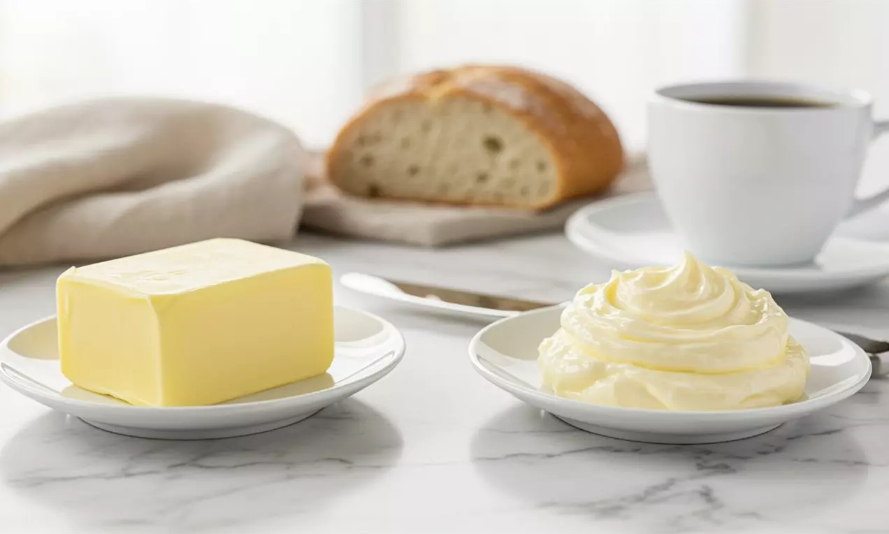 Manteiga amarela em bloco e margarina cremosa em espirais dispostas sobre pratos brancos em mesa de mármore, com pão e xícara ao fundo