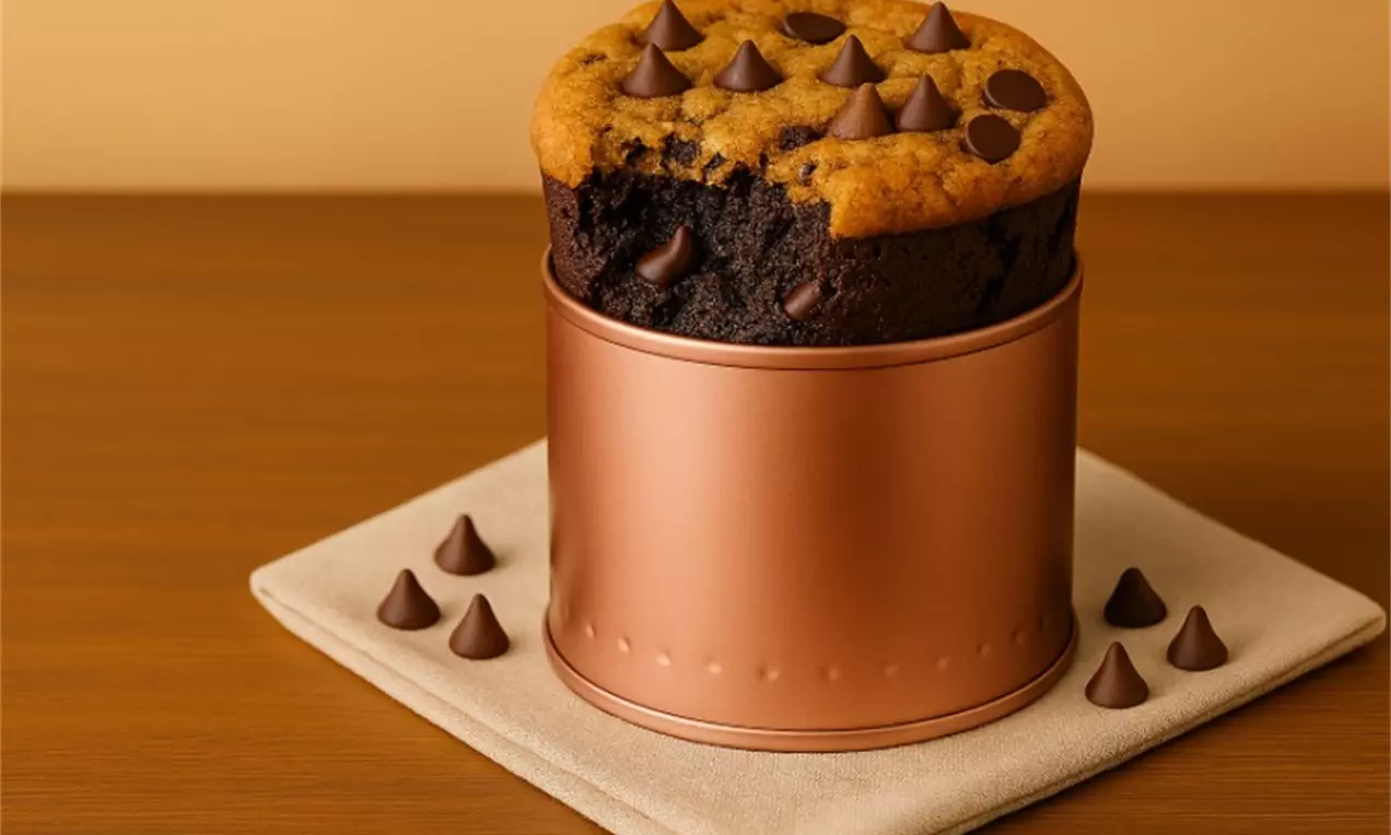 Brookie dourado e macio com bordas altas e textura firme sobre uma base de brownie escuro em lata cobre, decorado com gotas de chocolate