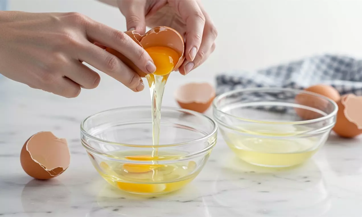 Claras translúcidas sendo separadas de gemas vibrantes em tigelas de vidro sobre bancada clara com toalha xadrez ao fundo